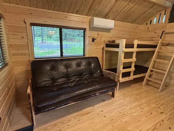 Living area in the Bumblebee Cabin at Austin Lake Park in Toronto OH