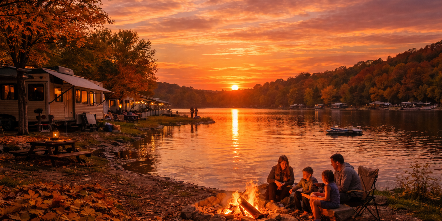 Last Chance to Camp at Austin Lake Before October 31 Fall sunset over Austin Lake with campers and campfires in October