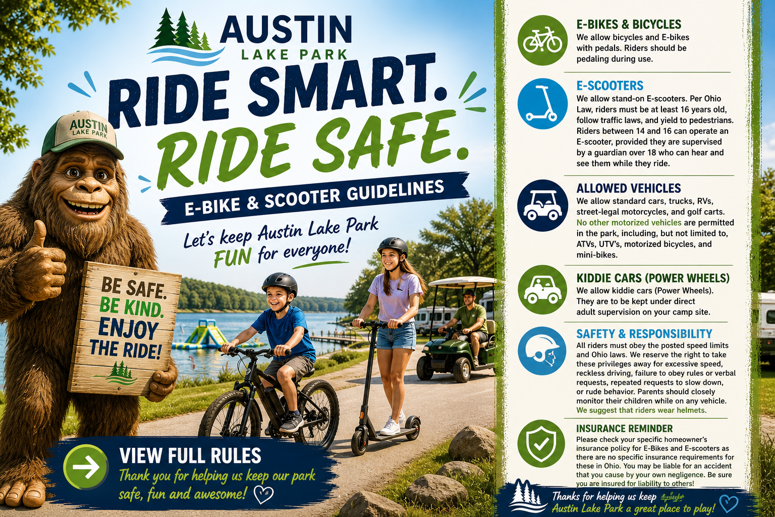 Bigfoot mascot with kids riding e-bikes and scooters at Austin Lake Park promoting safety rules near the lake and inflatable water park